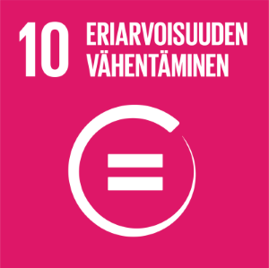 YK:n kestävän kehityksen tavoite 10:n logo, jossa lukee: “10, Eriarvoisuuden vähentäminen”. Latausympyrä ja kaksi palkkia, jotka ovat yhdensuuntaisesti vaakatasossa. 