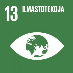 YK:n kestävän kehityksen tavoite 13:n logo, jossa lukee: “13, Ilmastotekoja”. Silmä, jonka pupillin tilalla on kuvake maapallosta. 