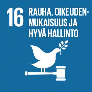 YK:n kestävän kehityksen tavoite 16:n logo, jossa lukee: “16, Rauha, oikeudenmukaisuus ja hyvä hallinto”. Lintu, joka seisoo nuijan päällä ja jonka nokassa on kukan oksa. 