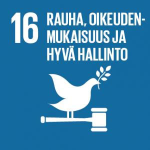 YK:n kestävän kehityksen tavoite 16:n logo, jossa lukee: “16, Rauha, oikeudenmukaisuus ja hyvä hallinto”. Lintu, joka seisoo nuijan päällä ja jonka nokassa on kukan oksa.