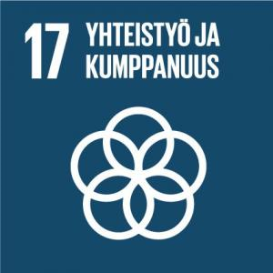 YK:n kestävän kehityksen tavoite 17:n logo, jossa lukee: “17, Yhteistyö ja kumppanuus”. Kuvake, jossa on viisi kehää muodossa. 