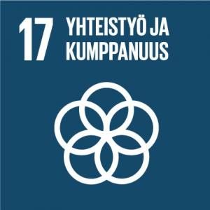 YK:n kestävän kehityksen tavoite 17:n logo, jossa lukee: “17, Yhteistyö ja kumppanuus”. Kuvake, jossa on viisi kehää muodossa.