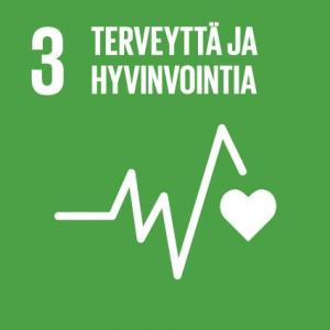YK:n kestävän kehityksen tavoite 3:n logo, jossa lukee: “3, Terveyttä ja hyvinvointia”. Sydänsähkökäyrä, jonka lopussa on sydänkuvake. 