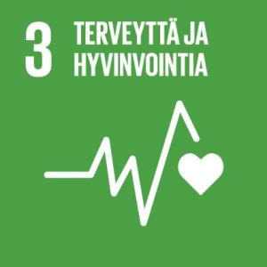 YK:n kestävän kehityksen tavoite 3:n logo, jossa lukee: “3, Terveyttä ja hyvinvointia”. Sydänsähkökäyrä, jonka lopussa on sydänkuvake.