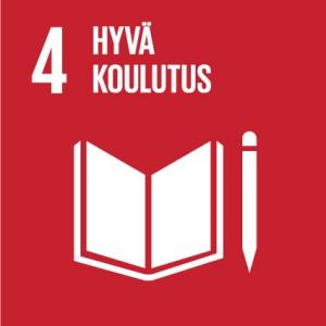 YK:n kestävän kehityksen tavoite 4:n logo, jossa lukee: “4, Hyvä koulutus”. Aukinainen kirja, jonka vieressä on kynä.