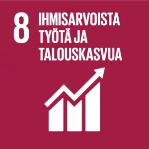 YK:n kestävän kehityksen tavoite 8:n logo, jossa lukee: “8, Ihmisarvoista työtä ja talouskasvua”. Kaavio, jossa on ylöspäin suuntaava käyrä.