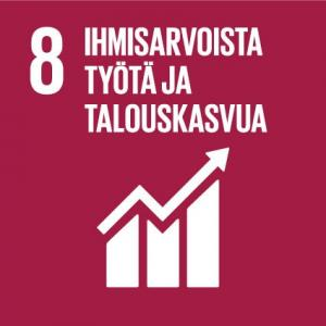 YK:n kestävän kehityksen tavoite 8:n logo, jossa lukee: “8, Ihmisarvoista työtä ja talouskasvua”. Kaavio, jossa on ylöspäin suuntaava käyrä. 