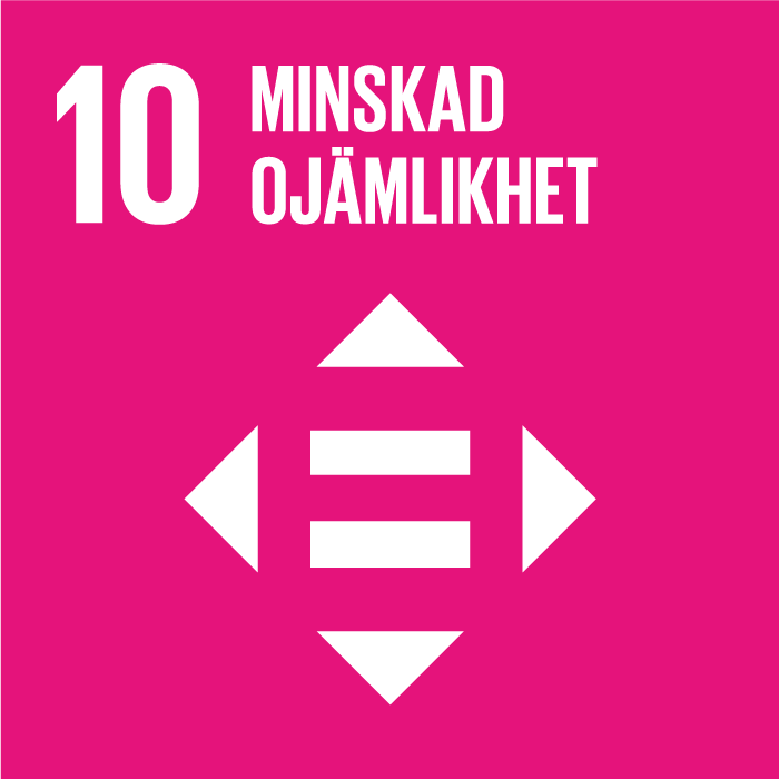 Logotypen för FN:s mål för hållbar utveckling nr 10, där det står: "10, Minskad ojämlikhet". Laddningscirkel och två staplar som är parallellt horisontala.