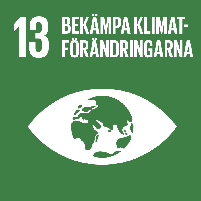 Logotypen för FN:s mål för hållbar utveckling nr 13, där det står: "13, Klimatgärningar". Ett öga med en illustration av jordklotet i stället för pupillen.