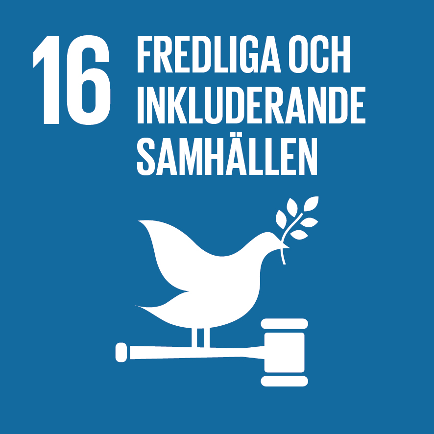 Logotypen för FN:s mål för hållbar utveckling nr 16, där det står: "16, Fred, rättvisa och god förvaltning". En fågel som står på en klubba och har en blomkvist i näbben.
