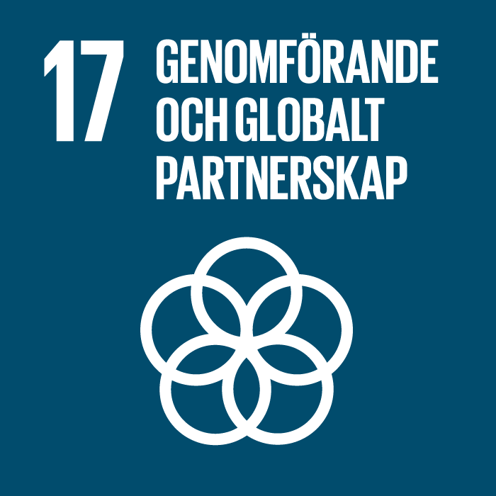 Logotypen för FN:s mål för hållbar utveckling nr 17, där det står: "17, Samarbete och partnerskap". Ikon med fem cirklar.