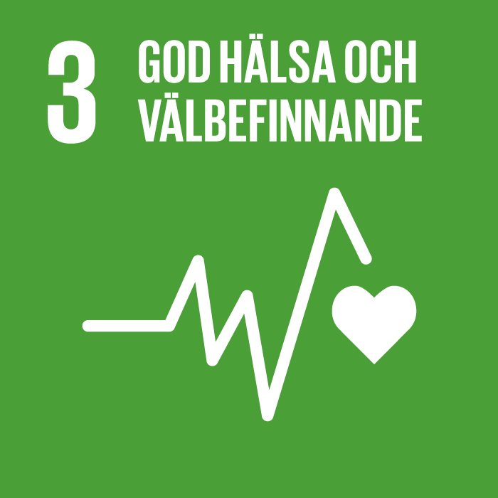 Logotypen för FN:s mål för hållbar utveckling nr 3, där det står: "3, Hälsa och välbefinnande". EKG-kurva med en hjärtsymbol i slutet.