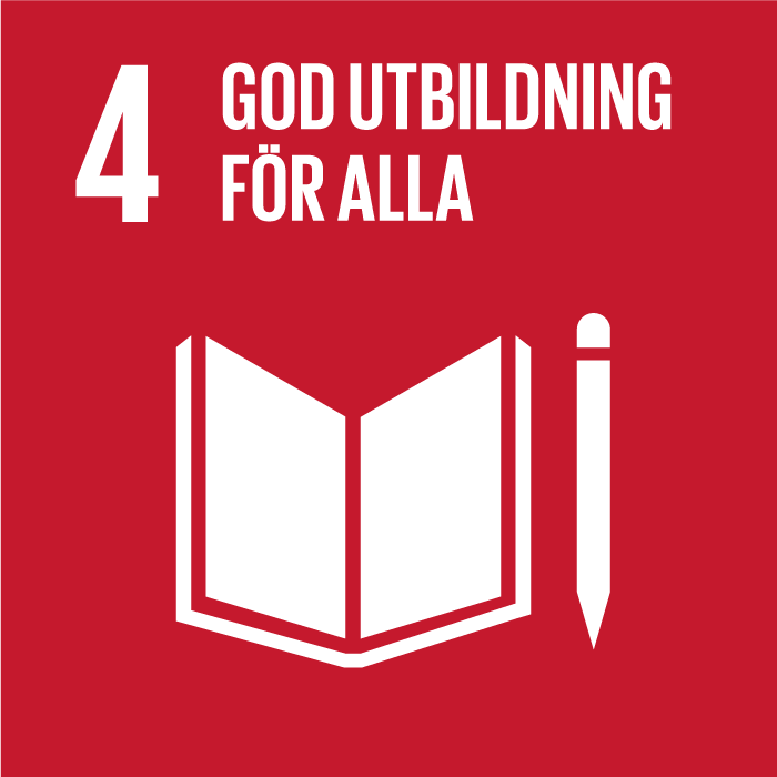 Logotypen för FN:s mål för hållbar utveckling nr 4, där det står: "4, God utbildning". En öppen bok med en penna bredvid.