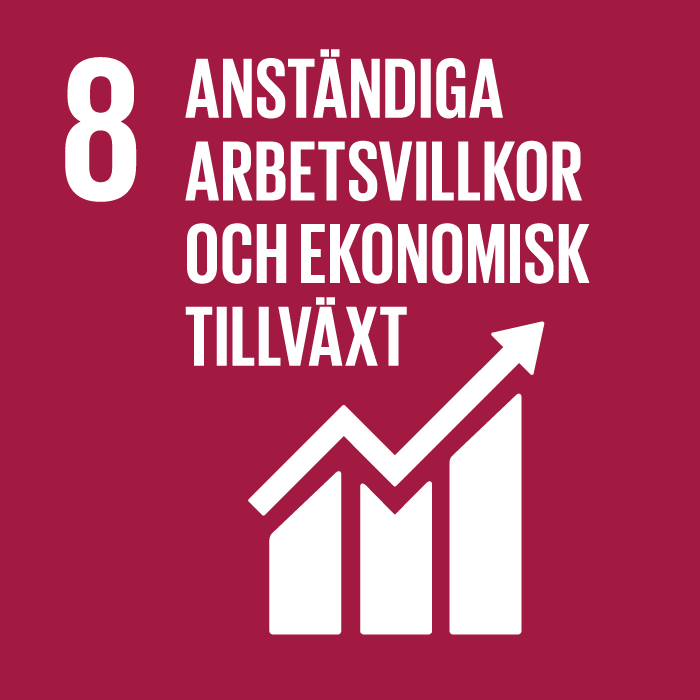 Logotypen för FN:s mål för hållbar utveckling nr 8, där det står: "8, Anständiga arbetsvillkor och ekonomisk tillväxt". Diagram med uppåtriktad kurva.