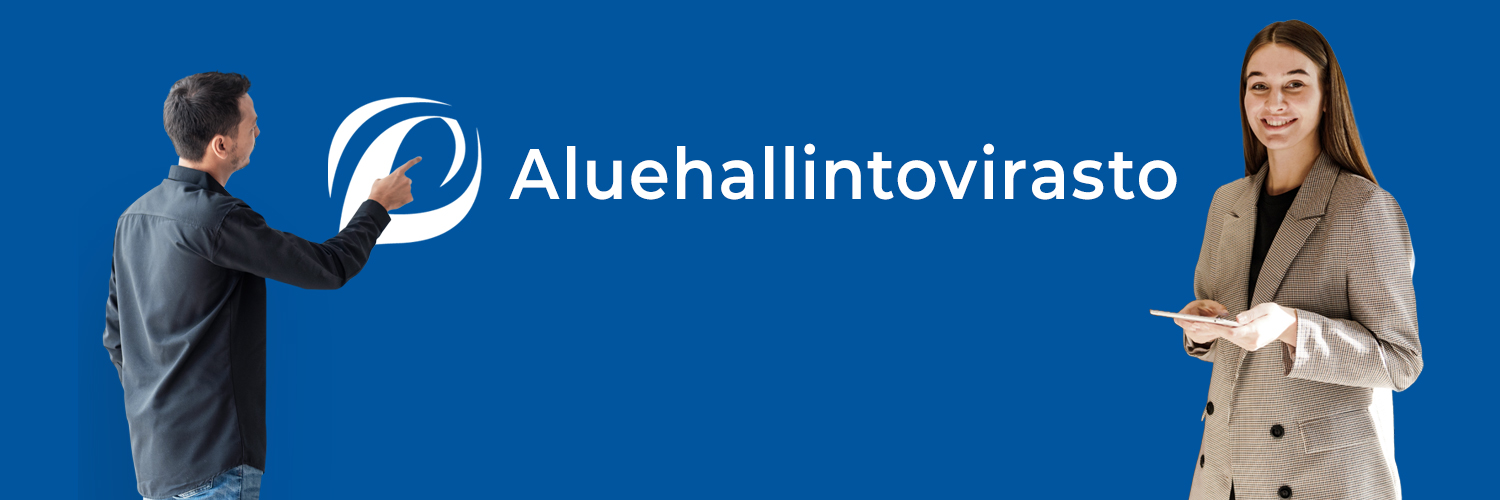Aluehallintoviraston logo ja kaksi ihmistä. Toinen heistä osoittaa logoa.