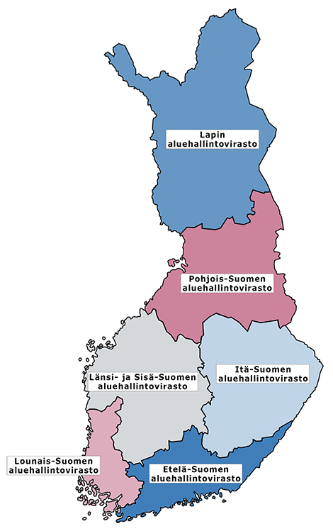 Suomen kartta, jossa näkyvät aluehallintovirastojen toimialueet.