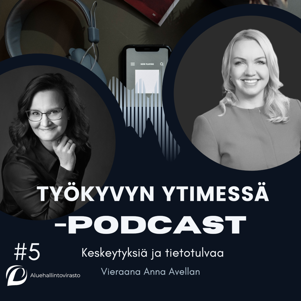 Työkyvyn ytimessä -podcastin 5. jakson kansikuva. Vetäjä Johanna Pulkkinen ja vieras Anna Avellan.