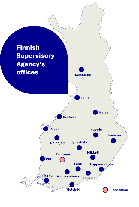 Offices of the Finnish Supervisory Agency on a map of Finland. There will be offices in 18 locations: Rovaniemi, Oulu, Kajaani, Kokkola, Vaasa, Kuopio, Joensuu, Seinäjoki, Jyväskylä, Mikkeli, Lappeenranta, Pori, Tampere, Lahti, Kouvola, Hämeenlinna, Turku, and Helsinki. The agency’s headquarters will be situated in Tampere.