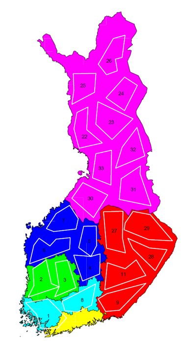 Map of Finland with flight routes and emergency response centre areas in different colors