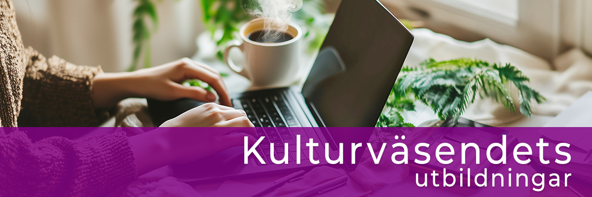 Händer på ett tangentbord. Text: Kulturväsendets utbildningar