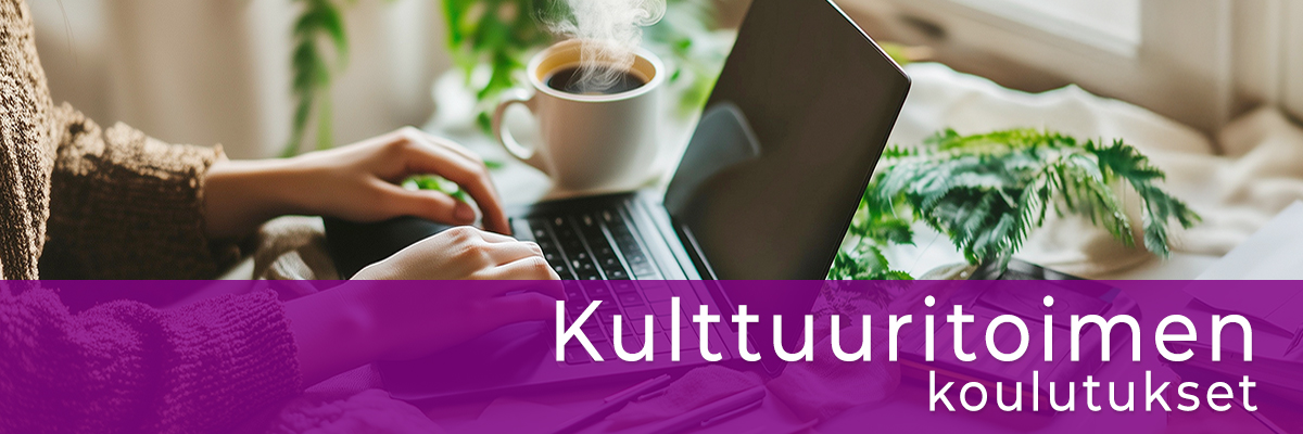 Taustalla kädet tietokoneen näppäimistöllä. Teksti: Kulttuuritoimen koulutukset
