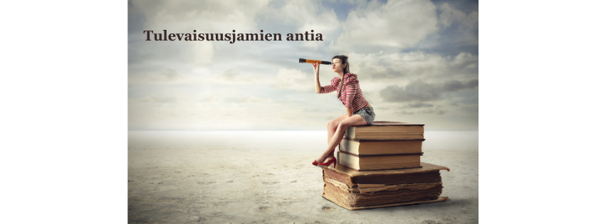 Kirjapinon päällä istuva nainen katselee kaukoputkella