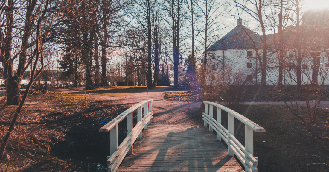 Pieni silta, joka johtaa linnaan. Ympärillä puuttomia lehtiä.